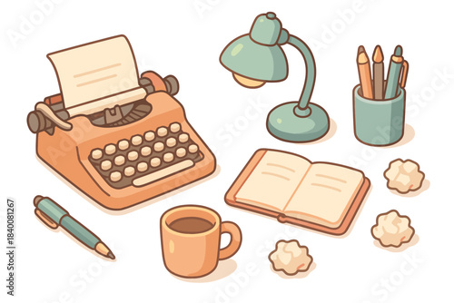 Vintage typewriter with lamp, notebook, pen, and coffee on desk