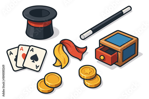 Magic show props: black hat, wand, playing cards, coins, and ribbon set