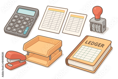 Office supplies collection with calculator, ledger, stapler, and date stamp
