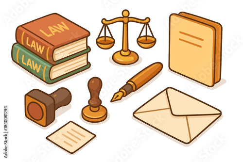 Legal office supplies: books, scales, stamps, pen, envelope and document icons