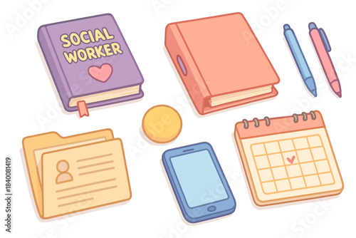 Colorful social worker tools including book, calendar, pens, folder, and smartphone