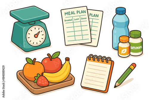 Healthy eating plan with meal schedule, fruits, and supplements