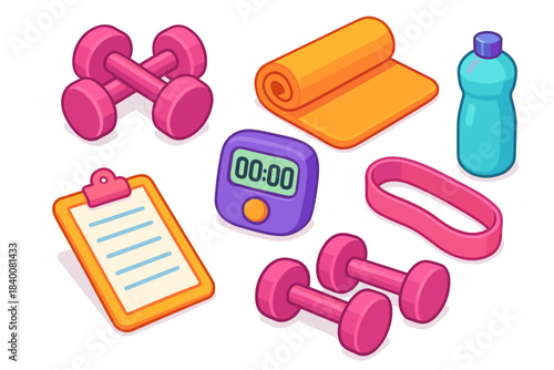 Colorful fitness equipment set with dumbbells, mat, stopwatch, and water bottle