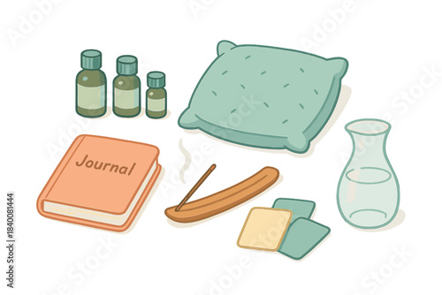 Relaxation essentials: incense, journal, pillow, aromatherapy oils, glass of water
