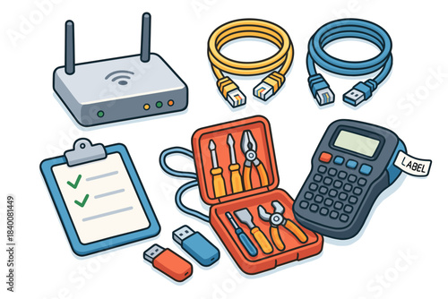 Home network setup tools featuring router, ethernet cables, and label maker