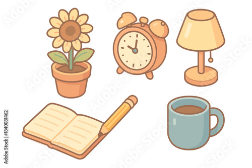Cozy home essentials: potted sunflower, alarm clock, lamp, notebook, mug