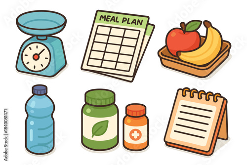 Healthy eating essentials: meal plan, fruits, vitamins, water bottle, kitchen scale, notepad