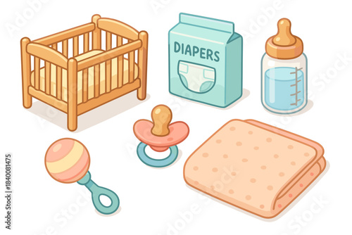 Baby essentials: crib, diapers, bottle, pacifier, rattle, blanket on white background
