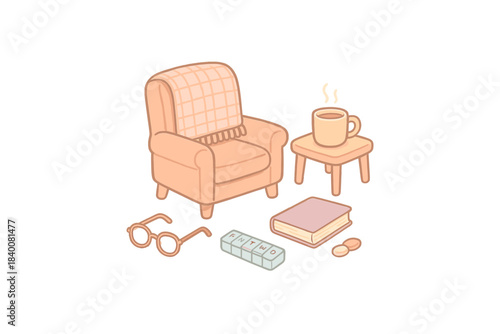 Cozy living room scene with armchair, coffee, book, and glasses