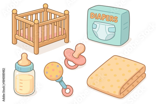 Baby essentials collection with crib, diapers, bottle, pacifier, rattle, and blanket