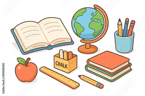 Cartoon school supplies: globe, books, pencils, chalk, apple, ruler illustration