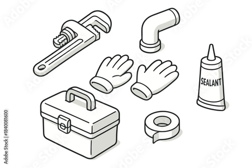 Handyman tools illustration with toolbox, pipe wrench, sealant, tape, gloves, and pipe