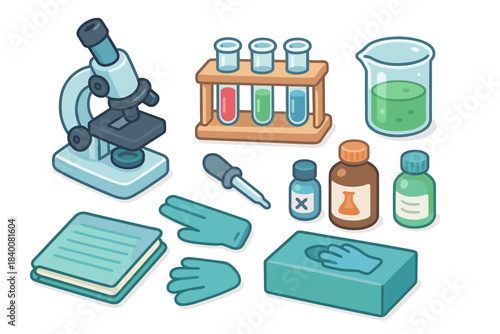 Cartoon science lab equipment: microscope, test tubes, beaker, and chemistry essentials