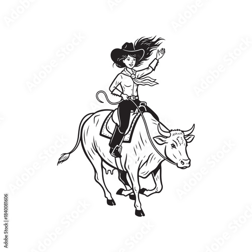 Cowgirl riding a bull with a lasso and hat, dynamic movement illustration