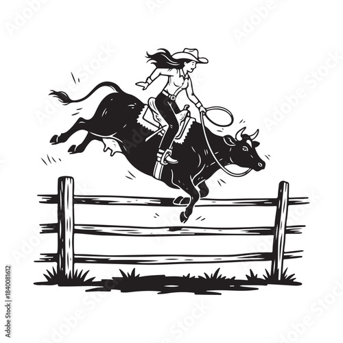 Cowgirl riding bull jumping over fence in rodeo competition illustration