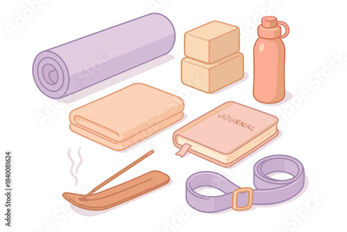 Essential yoga accessories: mat, blocks, journal, strap, water bottle, incense