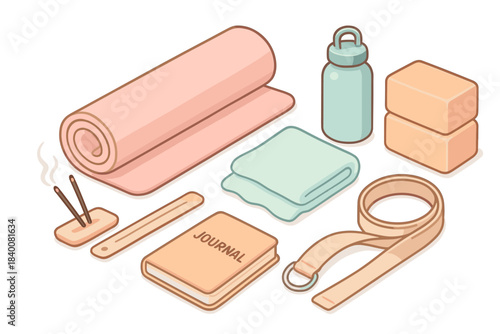 Yoga essentials: mat, blocks, strap, bottle, towel, incense, journal for mindful practice