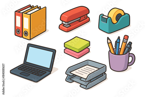 Colorful office supplies set with binder, stapler, tape dispenser, laptop, and stationery