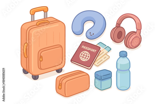 Travel essentials: luggage, passport, neck pillow, headphones, tickets, water bottle, holder