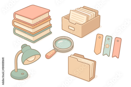 Office supplies collection: books, file holder, magnifying glass, lamp, bookmarks