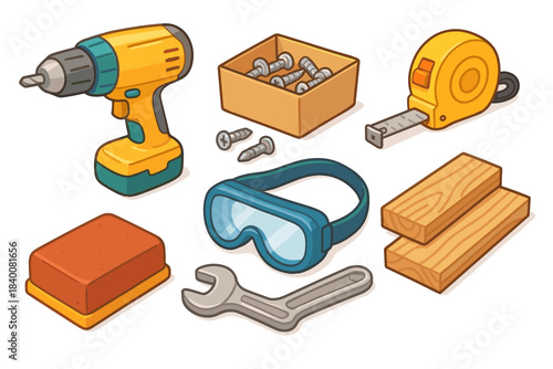 Colorful set of handyman tools including drill and saw