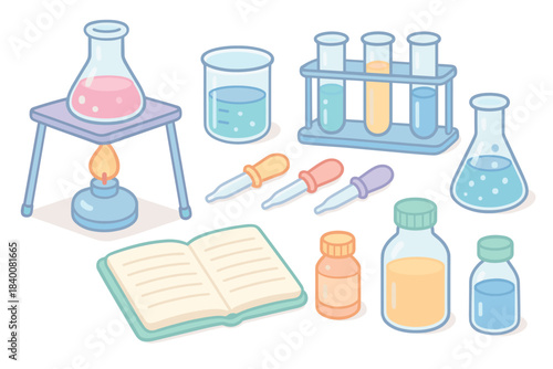 Illustration of laboratory equipment with test tubes and beakers
