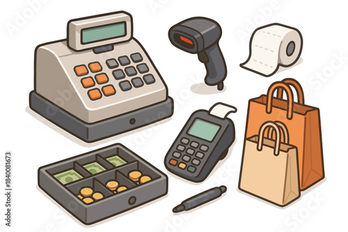 Retro cash register and digital payment tools in cartoon style