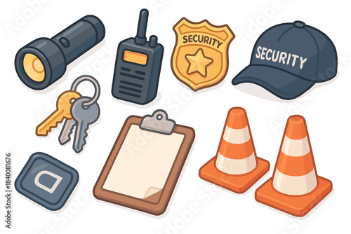 Security equipment set with flashlight, badge, keys, radio, hat, clipboard, and cones