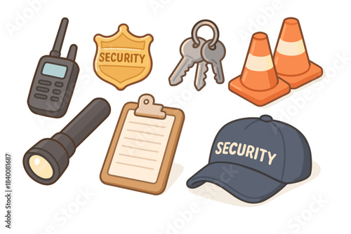 Collection of security items including badge, cap, flashlight, keys, radio, and traffic cones