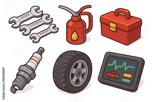Automotive tools: spanners, oil can, toolbox, spark plug, tire, diagnostic monitor
