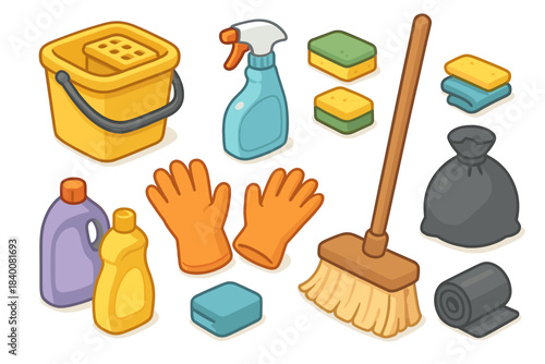 Colorful cleaning supplies: broom, detergents, sponges, bucket, gloves, spray