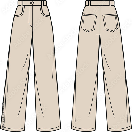 Wide Leg High Waisted Trousers Technical Fashion Flat Sketch Template, Featuring Front and Back Views with Pockets, Apparel Garment Design Vector Illustration Outline.