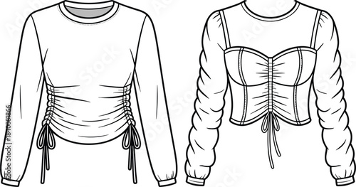 Fashion top technical flat sketch with ruched drawstring details and corset style design, detailed CAD apparel outline vector illustration template