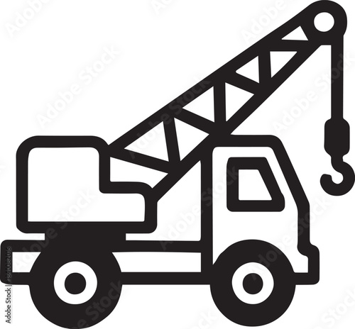 A detailed vector illustration depicts a robust crane truck, the workhorse of construction and heavy lifting, rendered in striking black and white.