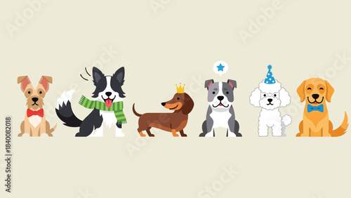 Illustration of a row of six happy dogs wearing party hats and accessories on a beige background for a happy new year celebration