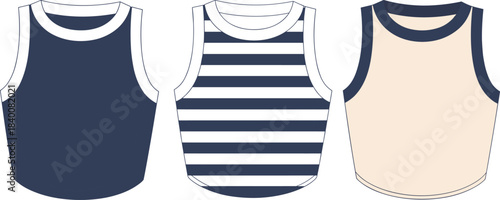 Sleeveless tank top fashion cad illustration with striped and solid color variations, technical flat vector clothing design for apparel industry use