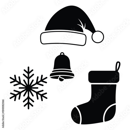 Christmas Icons Collection Snowflake, Santa Hat, Bell, and Stocking