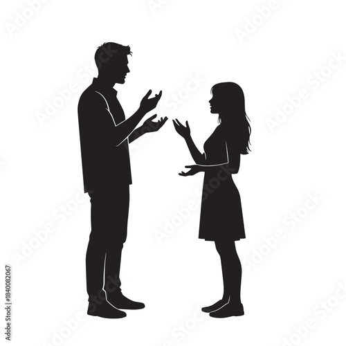 Silhouette of a man and woman having a conversation and gesturing on a white background.