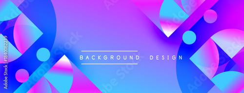 Abstract vibrant background. Overlapping shapes create dynamic visual effect. Purple, blue hues dominate composition. Modern design element.