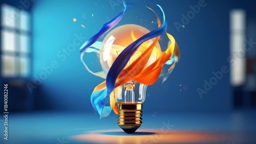 A glowing light bulb with a golden base has ribbons of orange and blue swirling around it against blue background
