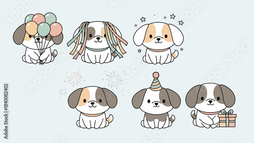 A vector illustration of a dog in various happy new year scenes with colorful decorations and gifts.