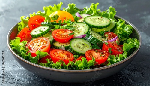 Fresh vegetable salad in bowl with crisp green lettuce, sliced cucumbers, cherry tomatoes, herbs, and red pepper flakes, sunlight streaming in background, bright and appetizing healthy presentation.