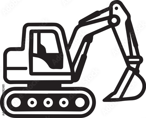 A detailed line drawing of an excavator on a construction site, highlighting the machine's robust design and industrial application.
