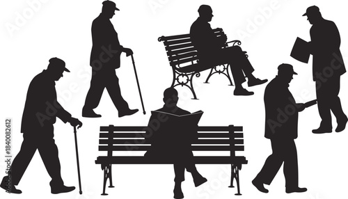 Senior man silhouettes in park, reading newspaper, walking with cane, sitting on bench, elderly lifestyle vector illustration for design and artwork