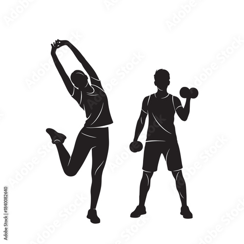 Silhouette of fitness couple exercising with woman stretching and man lifting weights