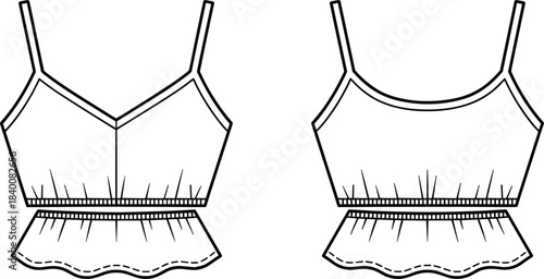 Spaghetti Strap Camisole Crop Top Technical Fashion Flat Sketch Template, Featuring Peplum Hem and Fitted Bodice, Front and Back Views, Apparel Garment Design Vector Illustration.