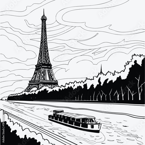 WebEiffel Tower Sunset Illustration With Seine Boat