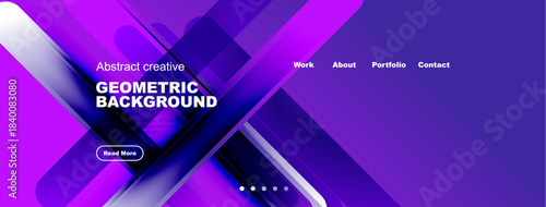 Vibrant purple geometric background design. Includes text elements, navigation options, plus button for more information. Modern, stylish presentation.