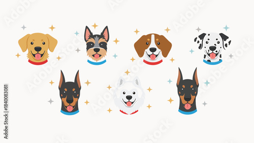 Colorful illustration of seven dog breeds wearing party hats against a clean white background with sparkles, celebrating happy new year.