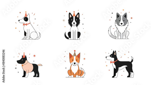 Vector illustration of six different dog breeds with party hats and confetti on a white background for a happy new year celebration.